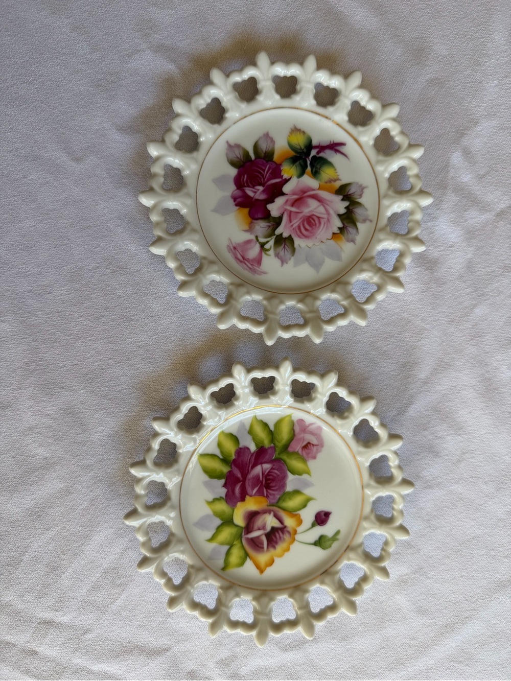 VTG Porcelain Hand Painted Lace-Edge Rose Plates - set of 2